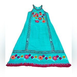 embroidered dress Wmn SzM, Vibrant Flowers Teal,hot Pink